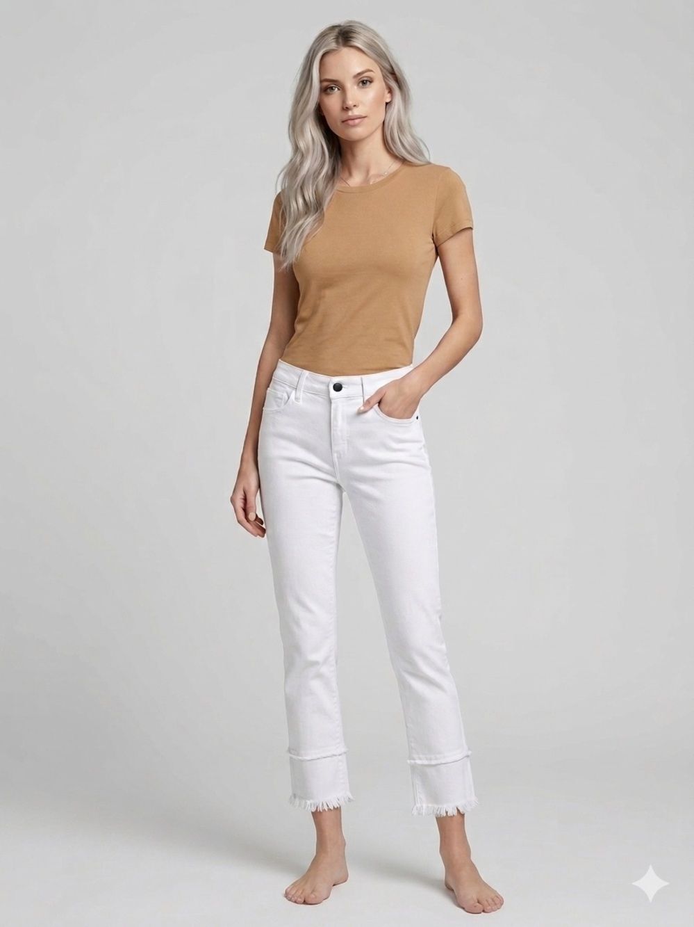 A.Z.I. White Cropped Double Raw Frayed Hem Straight Leg Mid-Rise Jeans Size 10